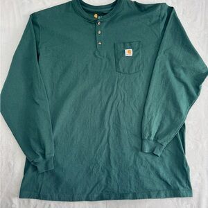 Carhartt Mens 3XL Tall Green Long Sleeve Henley Shirt Heavyweight Workwear Logo